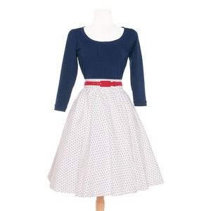 Pinup Couture Navy & White with Red Polk Dots A-Line Allison Dress Medium